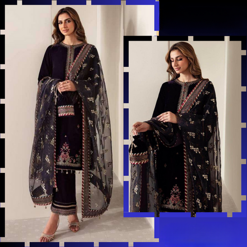 Miraal 952 3-Piece Embroidered Velvet Suit Embroidered Organza Dupatta