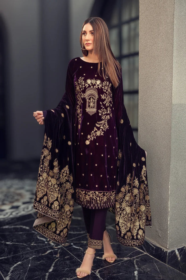 Miraal 7445-3PC VELVET EMBROIDERED DRESS WITH EMBROIDERED VELVET SHAWL...zy
