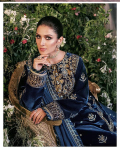 Miraal 959-3PCs Embroidered Velvet With Embroidered Chiffon Dupatta