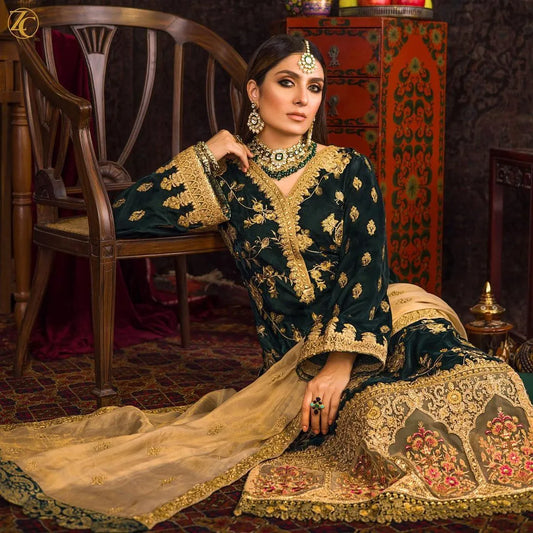 Miraal 983-3 PC Velvet Embroidered Shirt With Organza Embroidered Dupatta
