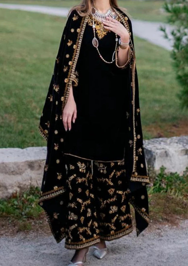 Miraal 303 - Embroidered Velvet 3-Piece Dress with Velvet Shawl