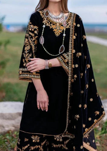 Miraal 303 - Embroidered Velvet 3-Piece Dress with Velvet Shawl