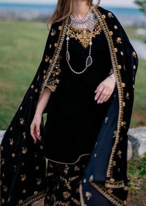 Miraal 303 - Embroidered Velvet 3-Piece Dress with Velvet Shawl