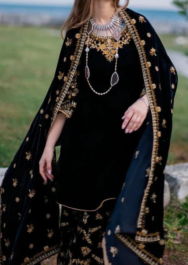 Miraal 303 - Embroidered Velvet 3-Piece Dress with Velvet Shawl