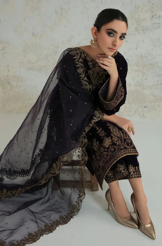 Miraal 966-3PC Velvet Dress With Embroidered Organza Dupatta