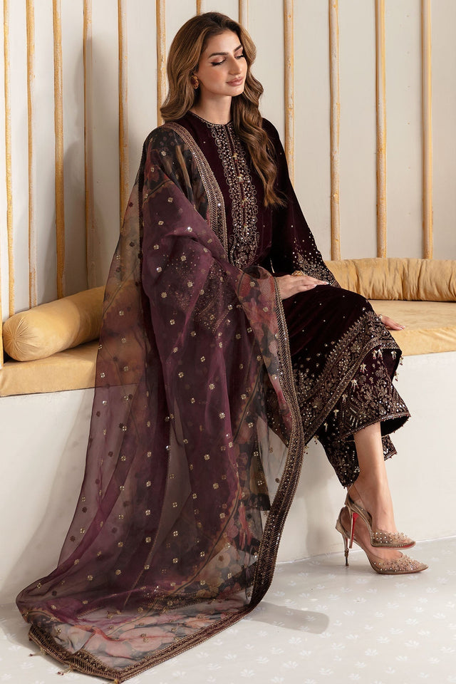 Miraal 705 - Embroidered Velvet 3-Piece Dress with Organza Dupatta