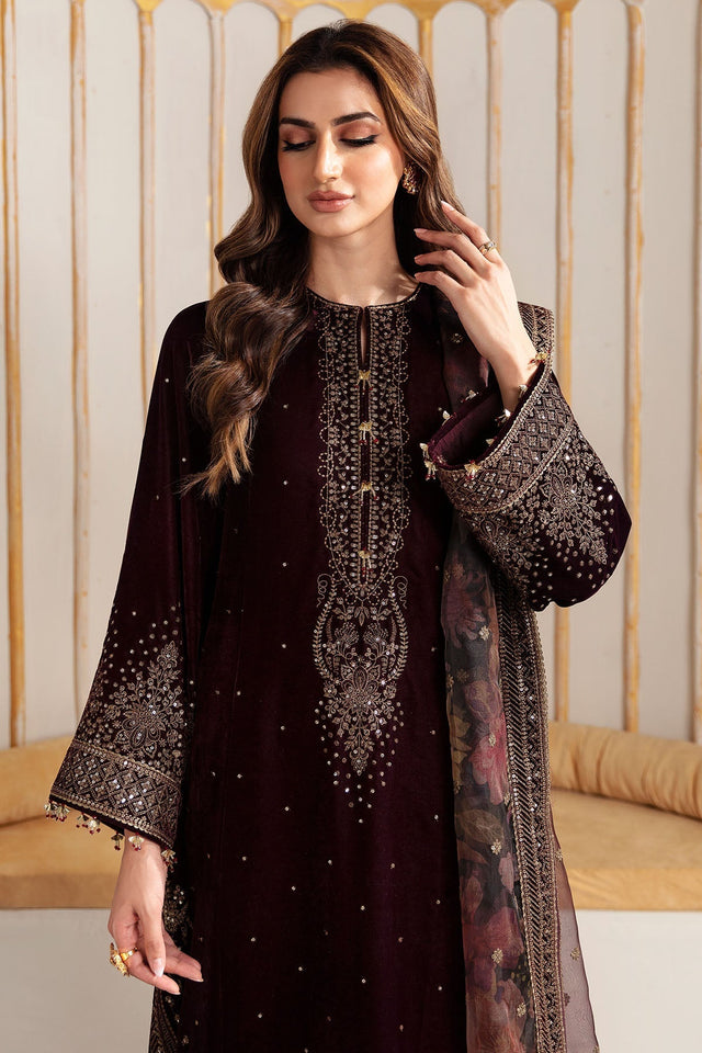 Miraal 705 - Embroidered Velvet 3-Piece Dress with Organza Dupatta