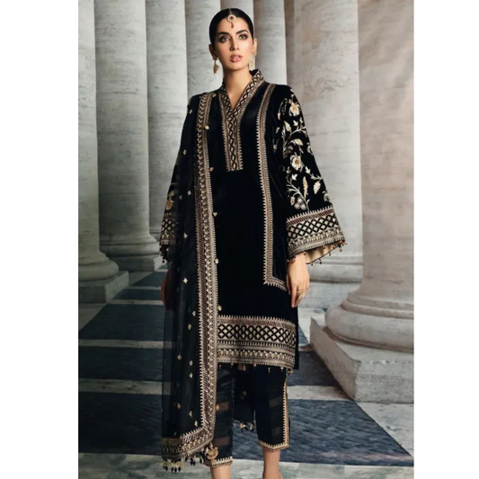 Miraal 969-3PC Velvet Embroidered Dress With Organza Embroidered Shawl