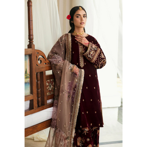 Miraal 305 - Embroidered Velvet 3-Piece Dress with Organza Dupatta