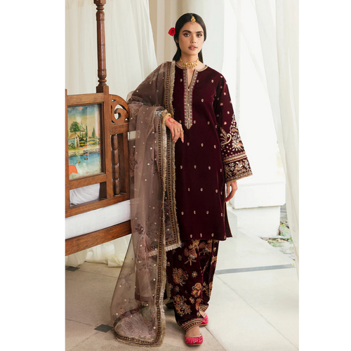 Miraal 305 - Embroidered Velvet 3-Piece Dress with Organza Dupatta