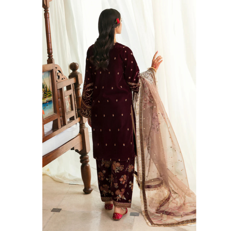 Miraal 305 - Embroidered Velvet 3-Piece Dress with Organza Dupatta