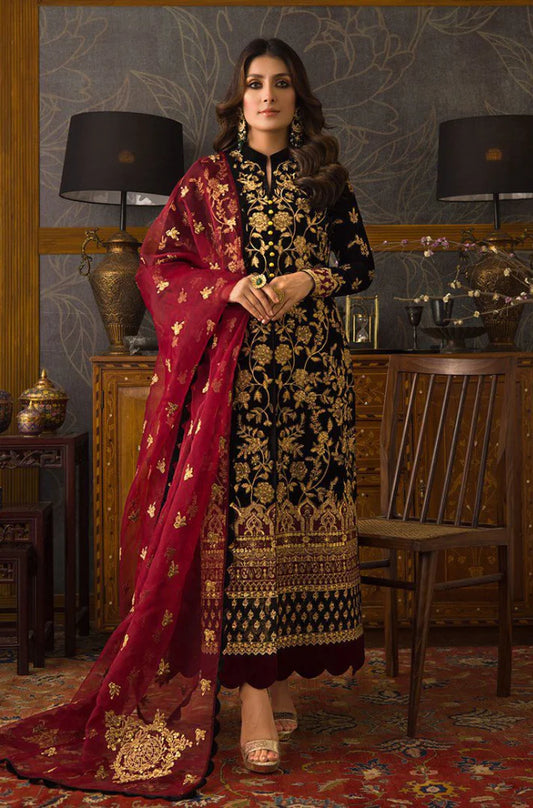 Miraal 299 3PC Velvet Embroidered Shirt With Organza  Embroidered Dupatta
