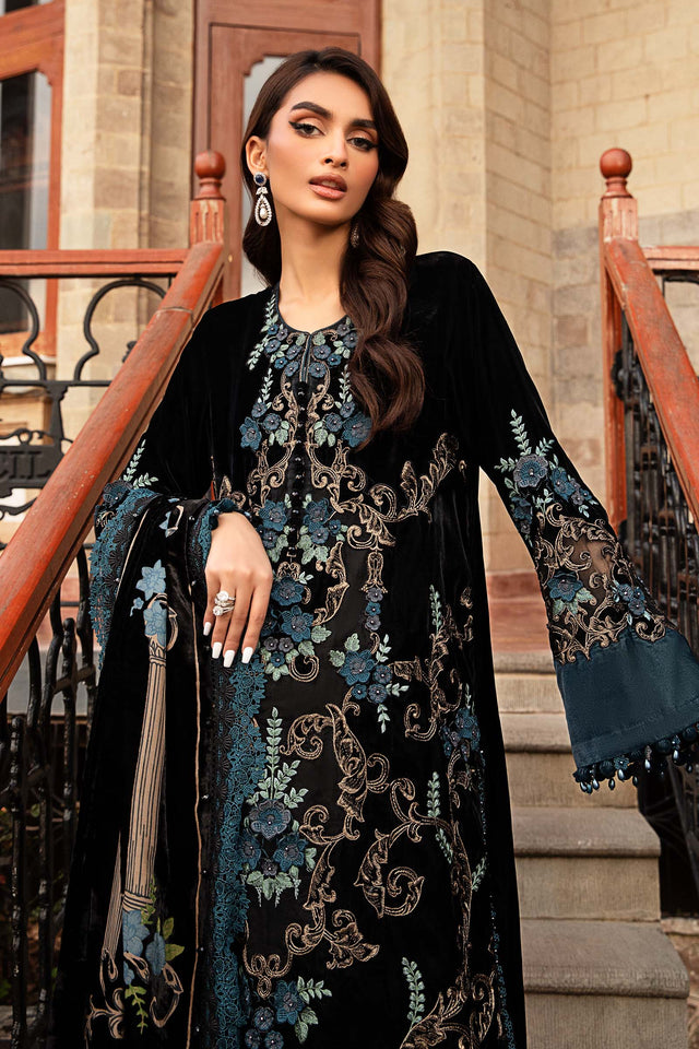 ZY...Maria B Apleck work 7003 Embroidered Velvet Dress with Plachi Velvet Shawl