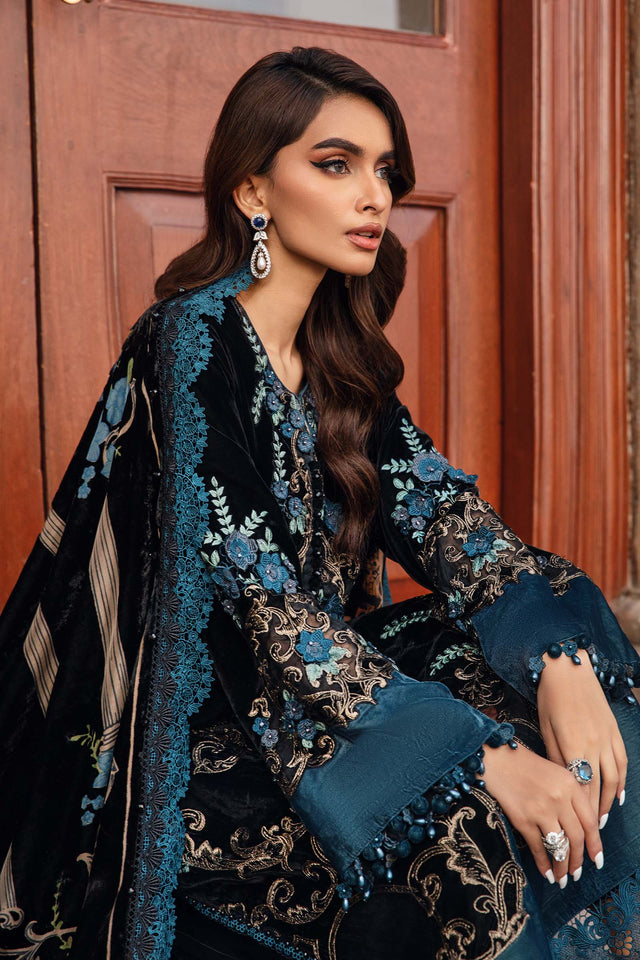ZY...Maria B Apleck work 7003 Embroidered Velvet Dress with Plachi Velvet Shawl