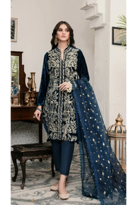Miraal 305 - Embroidered Velvet 3-Piece Dress with Embroidered Organza