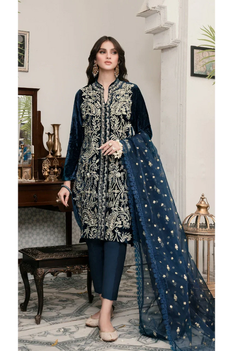 Miraal 305 - Embroidered Velvet 3-Piece Dress with Embroidered Organza