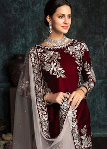 Miraal 301 - Embroidered Velvet 3-Piece Dress with Organza Dupatta