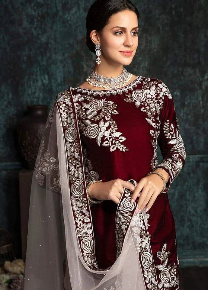 Miraal 301 - Embroidered Velvet 3-Piece Dress with Organza Dupatta
