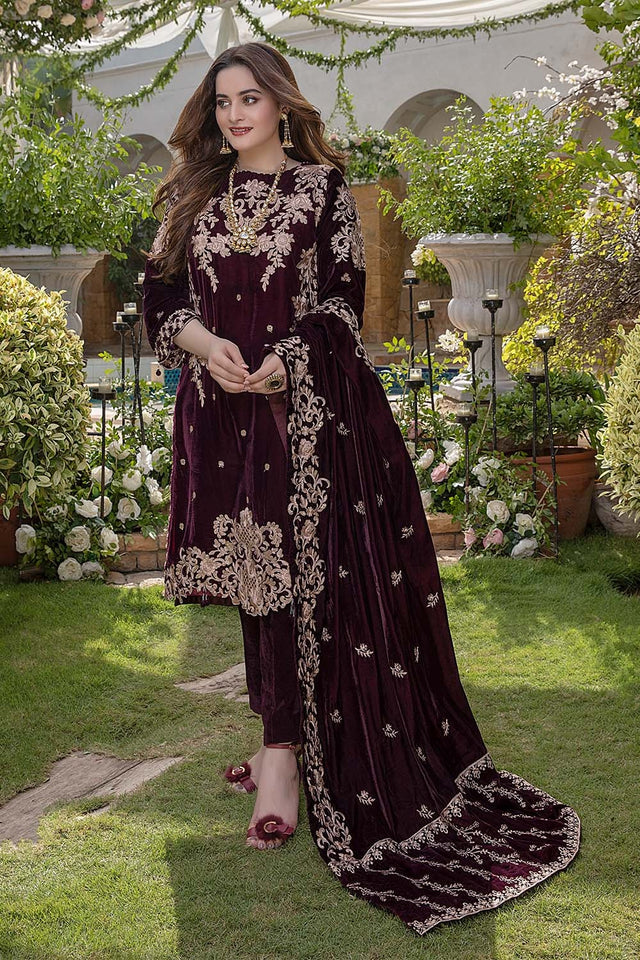 Miraal 954 Embroidered Velvet Three piece with Velvet Shawl
