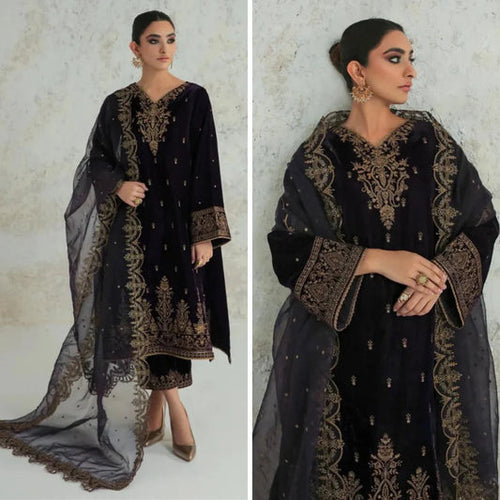 Miraal 966-3PC Velvet Dress With Embroidered Organza Dupatta