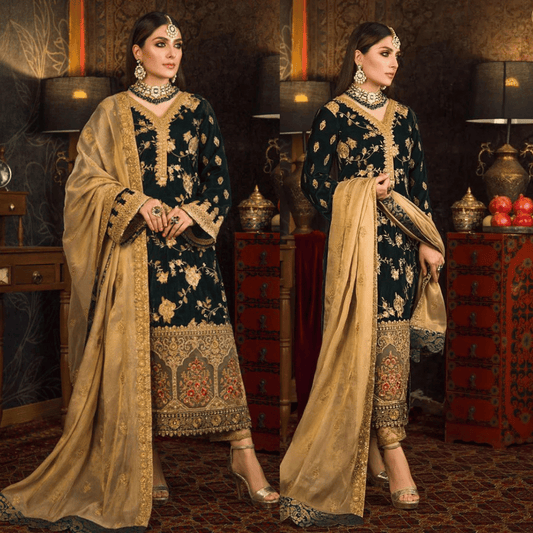 Miraal 983-3 PC Velvet Embroidered Shirt With Organza Embroidered Dupatta