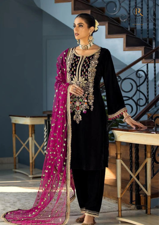Miraal 964-3PCs Velvet Dress With Embroidered Organza Dupatta