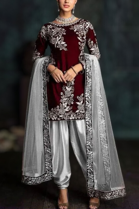 Miraal 301 - Embroidered Velvet 3-Piece Dress with Organza Dupatta