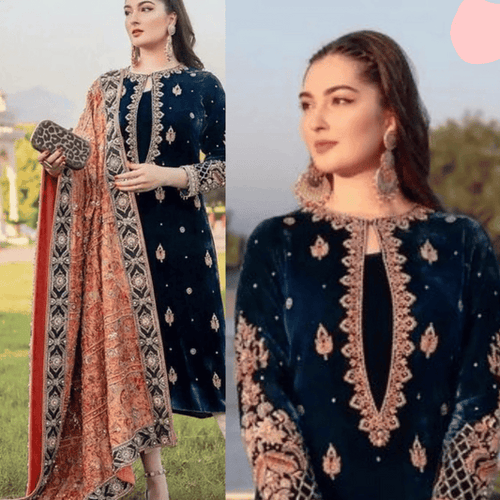 Miraal 965-3PC Velvet Embroidered Dress With Dhanak Shawl