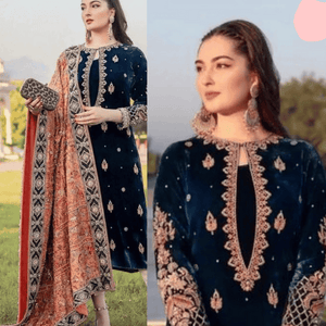 Miraal 965-3PC Velvet Embroidered Dress With Dhanak Shawl