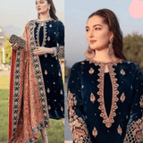 Miraal 965-3PC Velvet Embroidered Dress With Dhanak Shawl