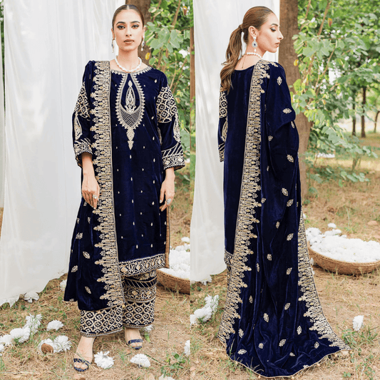 Miraal 967-3PC Velvet Embroidered Dress With Velvet Embroidered Shawl