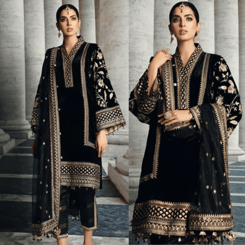 Miraal 969-3PC Velvet Embroidered Dress With Organza Embroidered Shawl