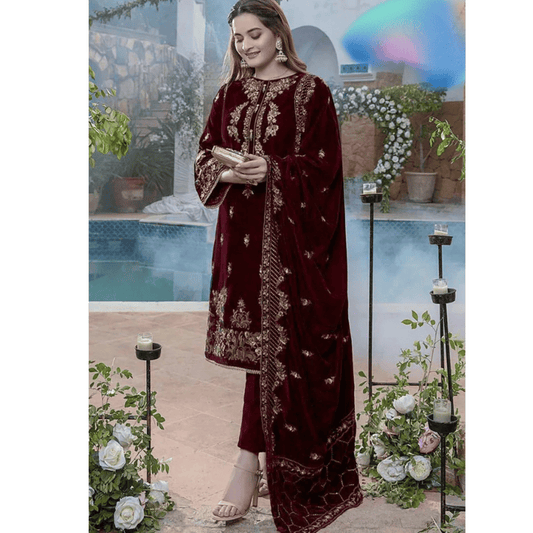 Miraal 970-3PC Embroidered Velvet Dress With Velvet Shawl