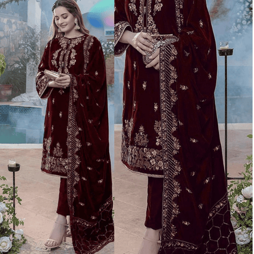 Miraal 970-3PC Embroidered Velvet Dress With Velvet Shawl