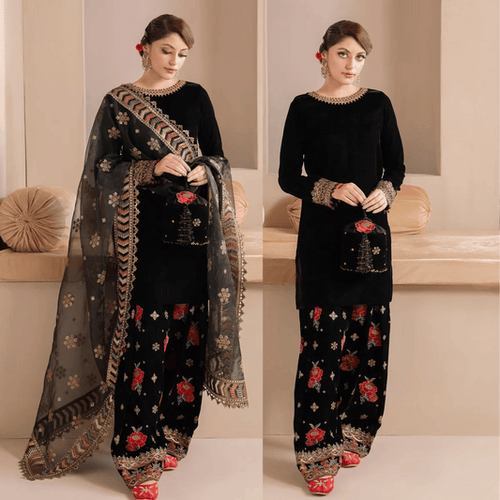 Miraal 978-3PC Embroidered Velvet Dress With Organza embroidered Dopata