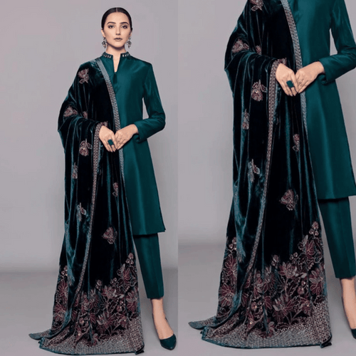 Miraal 982- 3PC Shamoz Silk Dress Embroidered Velvet Shawl