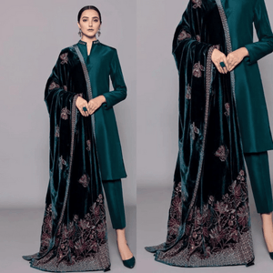Miraal 982- 3PC Shamoz Silk Dress Embroidered Velvet Shawl