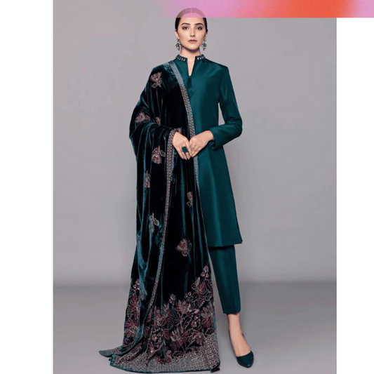 Miraal 982- 3PC Shamoz Silk Dress Embroidered Velvet Shawl