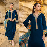 Miraal 430 - EMBROIDERED VELVET DRESS WITH PRINTED KARANDI SHAWL...zy