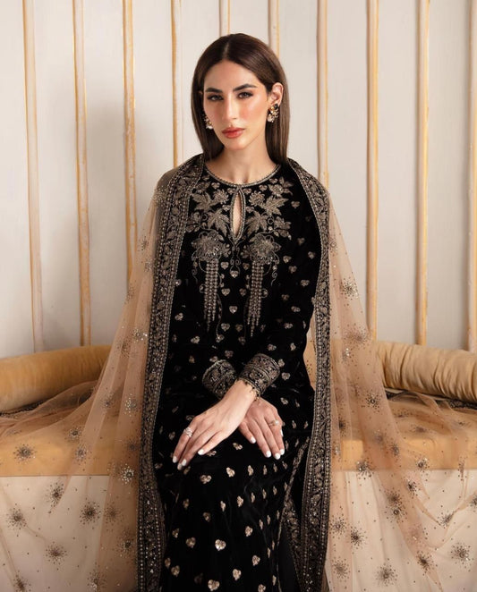Miraal 963-3PCs Embroidered Velvet Dress With Embroidered Organza Dupatta