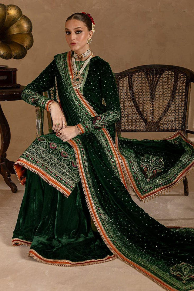 Miraal 974 GREEN-3piece Embroidered Velvet Dress