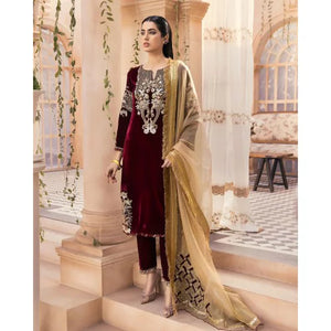 Miraal 305 - Embroidered Velvet 3-Piece Dress with Embroidered Organza