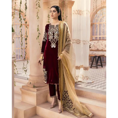 Miraal 305 - Embroidered Velvet 3-Piece Dress with Embroidered Organza