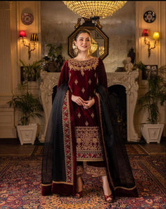 Miraal 617 3PC Velvet Embroidered Shirt With Organza Embroidered Dupatta