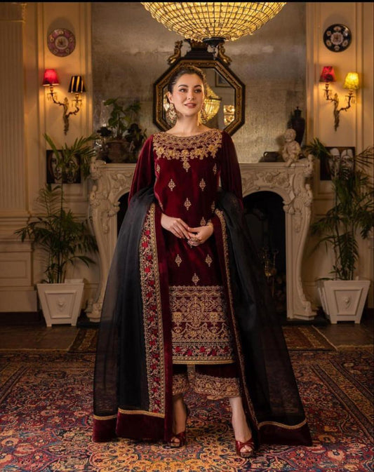 Miraal 617 3PC Velvet Embroidered Shirt With Organza Embroidered Dupatta