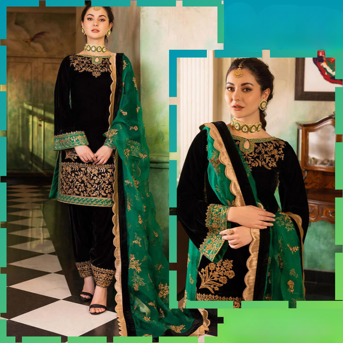 Miraal 953 3-Piece Embroidered Velvet Suit Embroidered Organza Dupatta