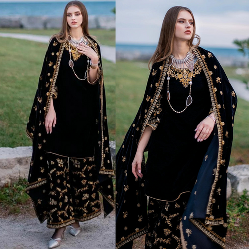 Miraal 956- 3PCs Embroidered Velvet Dress With Embroidered Velvet Shawl