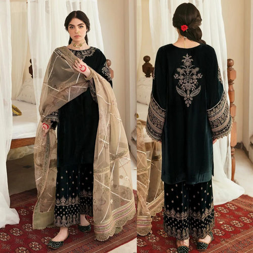 Miraal 958-3PCs Embroidered Velvet Dress With Embroidered Organza Dupatta