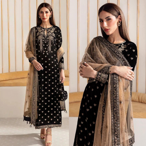 Miraal 963-3PCs Embroidered Velvet Dress With Embroidered Organza Dupatta