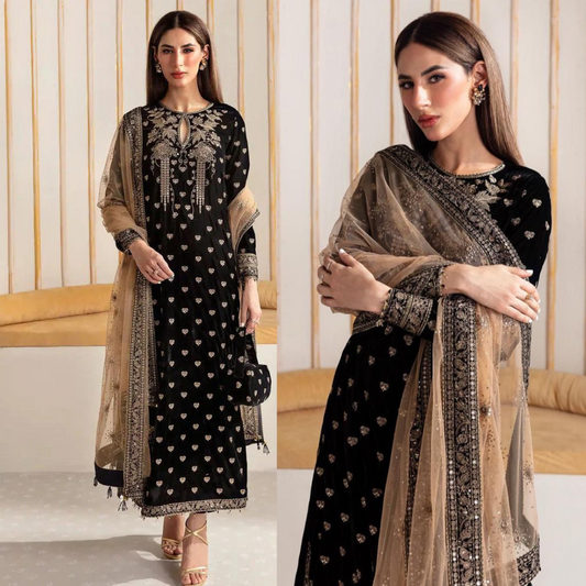 Miraal 963-3PCs Embroidered Velvet Dress With Embroidered Organza Dupatta
